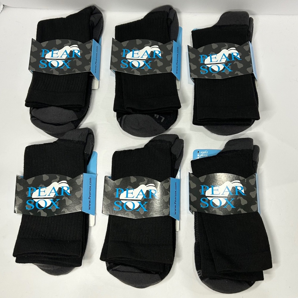 Pear Sox Adult Performance Crew Socks Black Grey Made in USA 6 Pair Lot Adult L - Picture 1 of 9